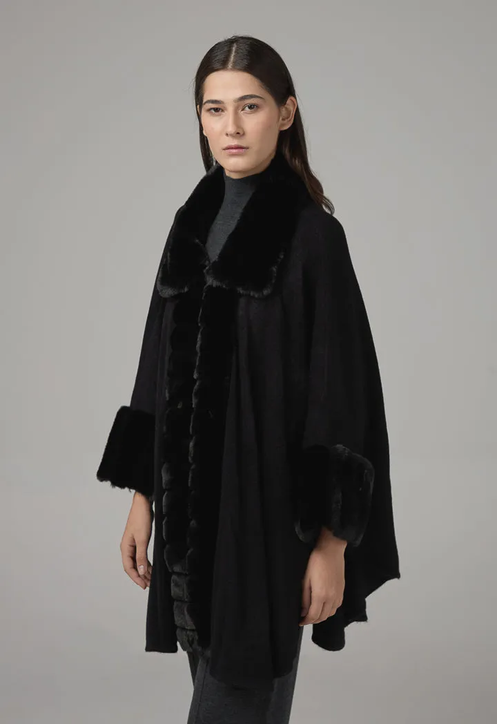 Choice Faux Fur Collar Poncho Black