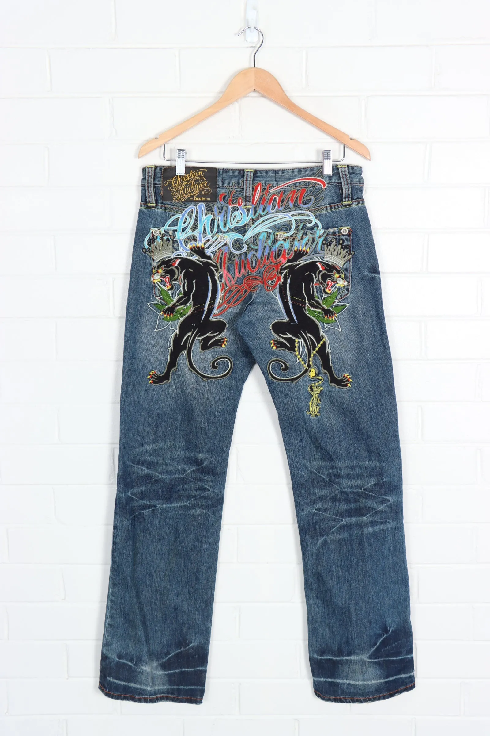 CHRISTIAN AUDIGIER Y2K Embroidered Tattoo Script & Panther Jeans (30 x 34)