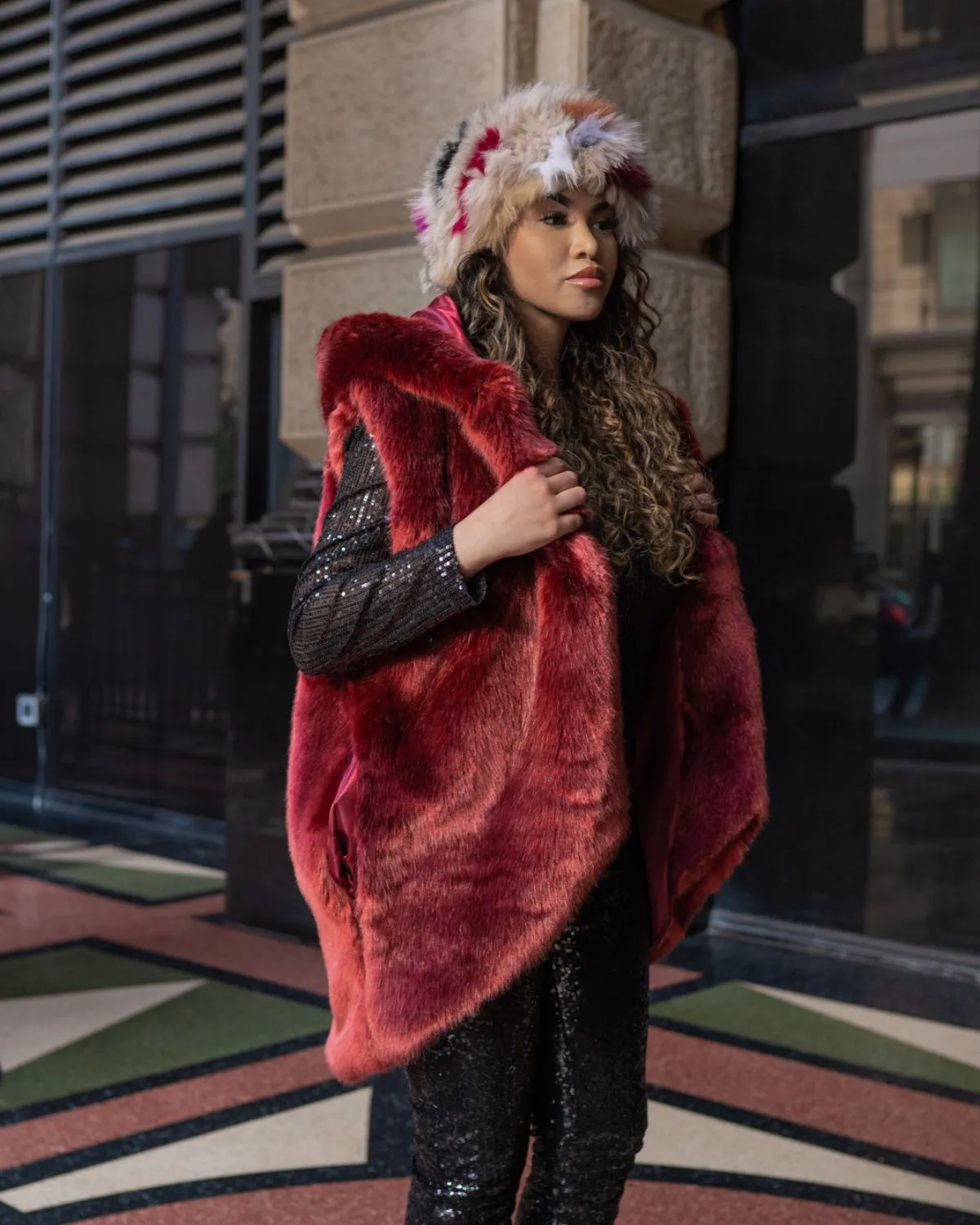 Corseni Fur Coat in Burgundy