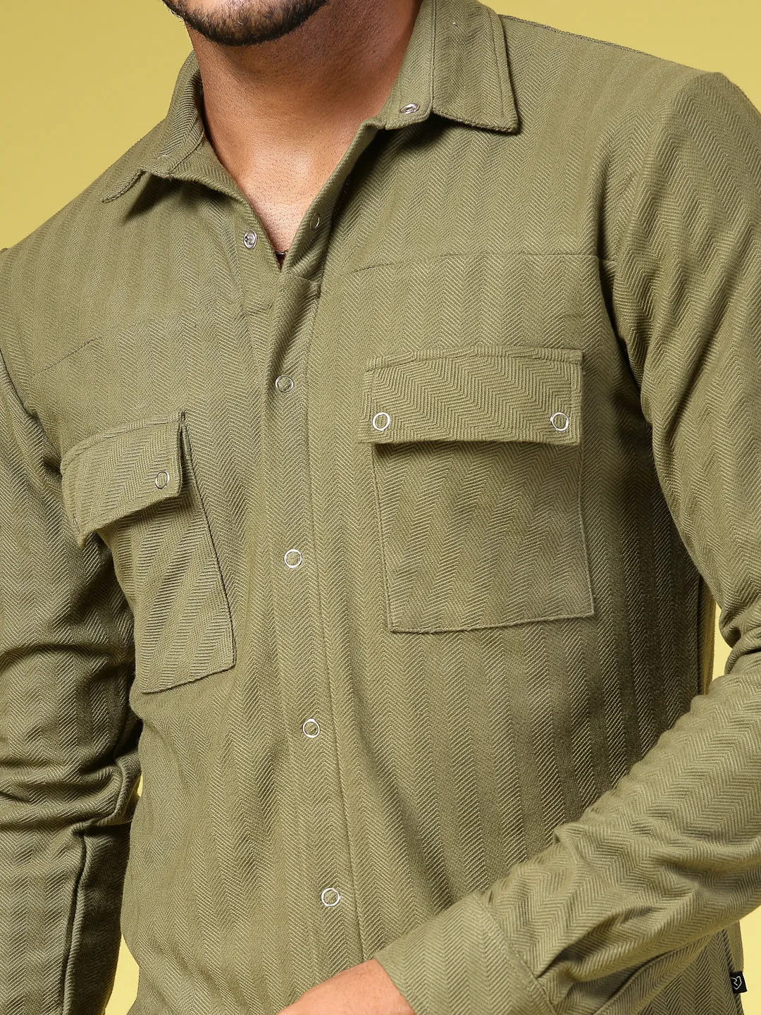 Cotton Herringbone Utility Cutaway Collar Shirt