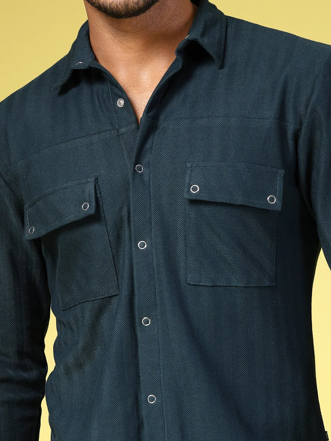 Cotton Herringbone Utility Cutaway Collar Shirt