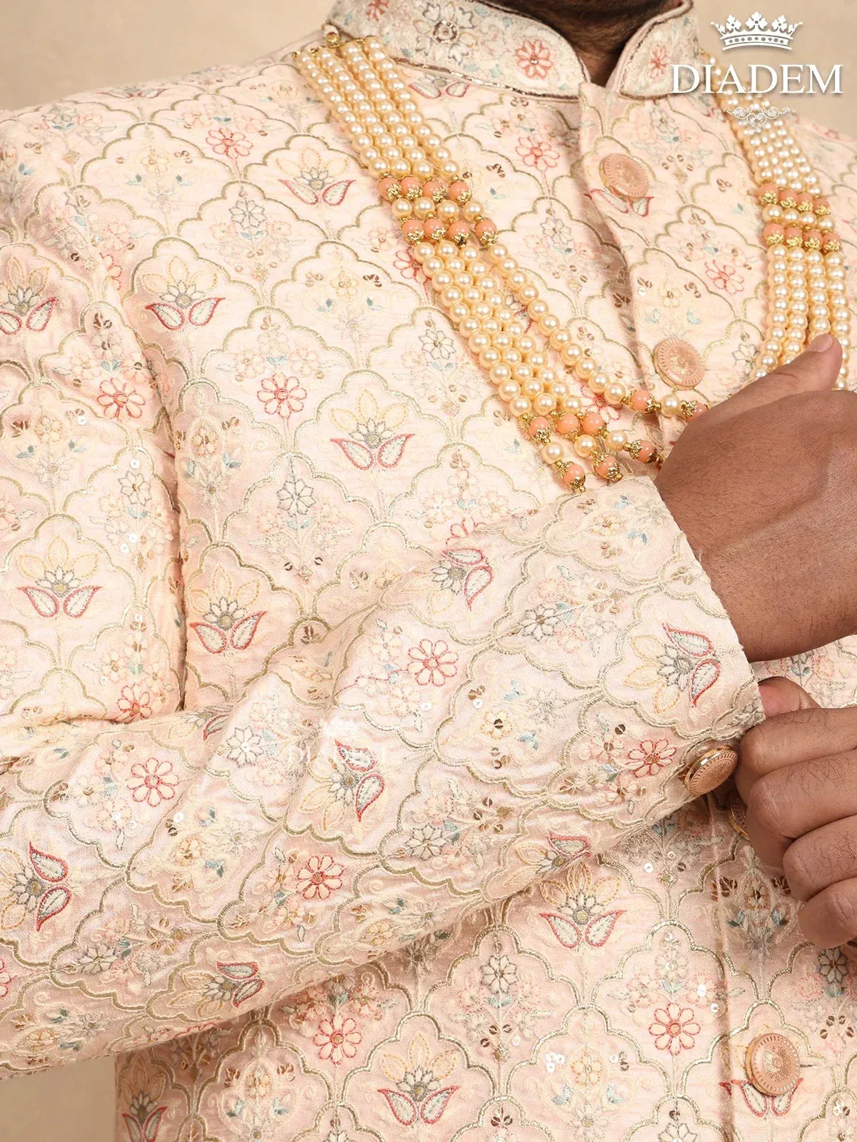 Cream Raw Silk Sherwani Suit with Floral Threadwork Embroidery, Paired with Bead Mala