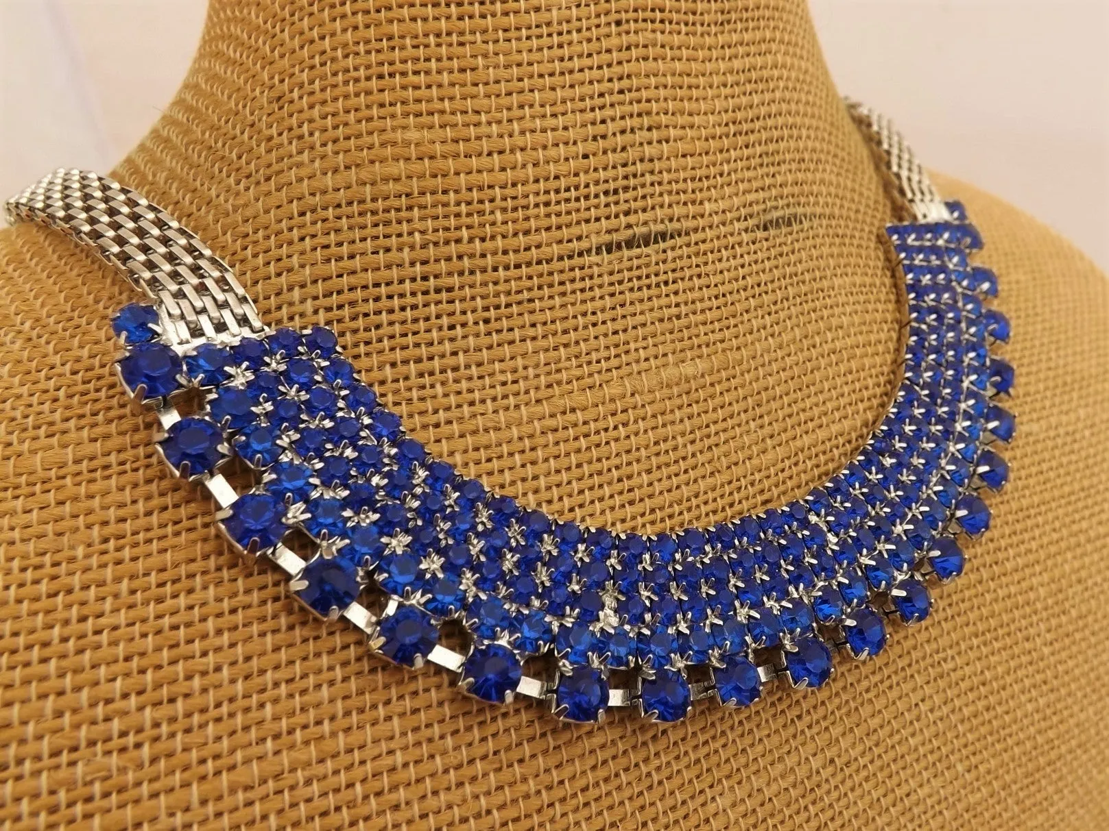 Dark Blue Diamantes & Silver Tone Collar Necklace