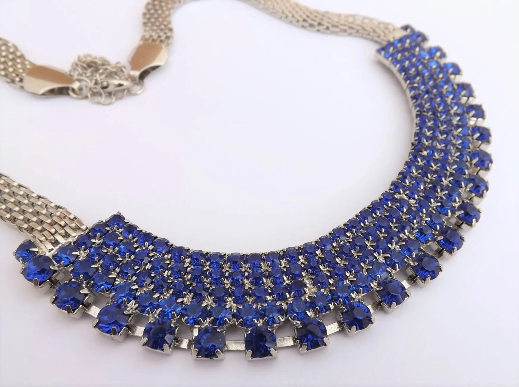 Dark Blue Diamantes & Silver Tone Collar Necklace