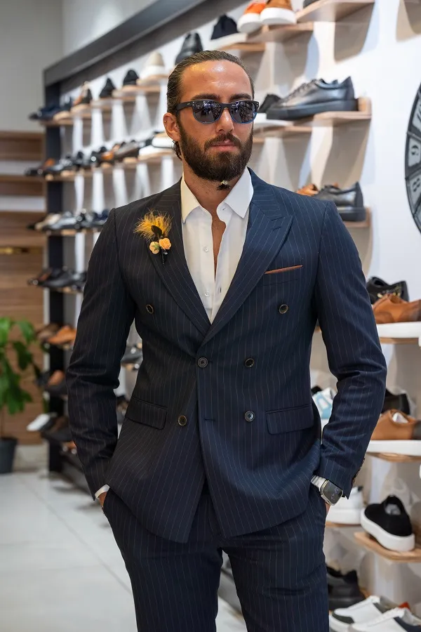 Dark Blue Slim Fit 2 Piece Pinstripe Double Breasted Suit