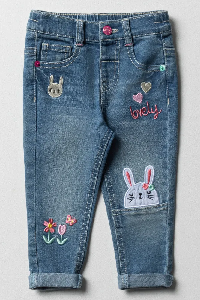 Denim Jeans With Applique Mid Blue