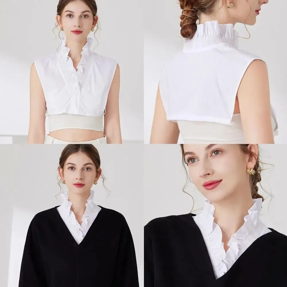 Dickey Lace Ruffled Stand Collar Half Shirts  White  & Black