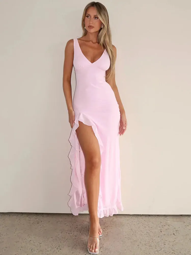 Elegant Sleeveless Ruffled Long Slit V Neck Dress