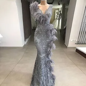 Evening Dresses Long Evening Dress Grey Applique Gowns    fg2900