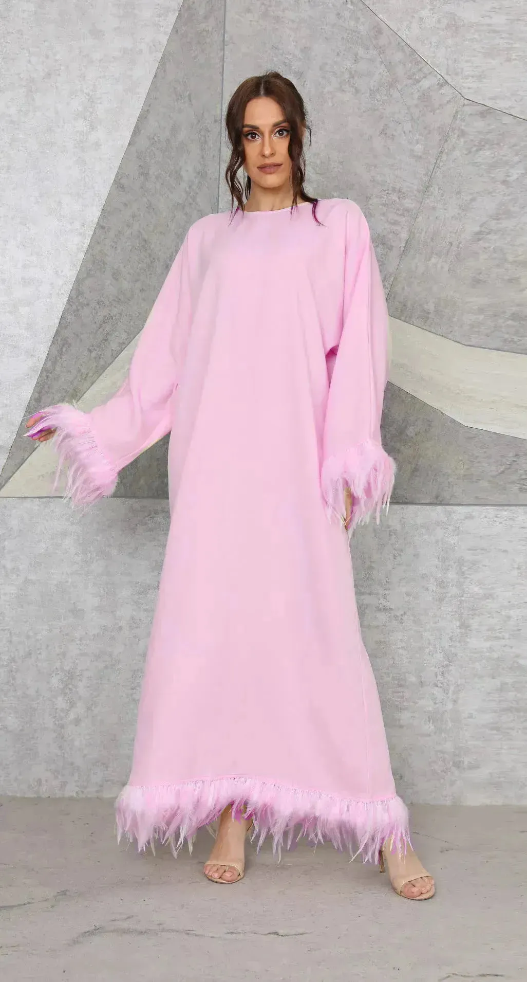 Feather Long Sleeve Middle East Arabic Elegant Round Neck Dress