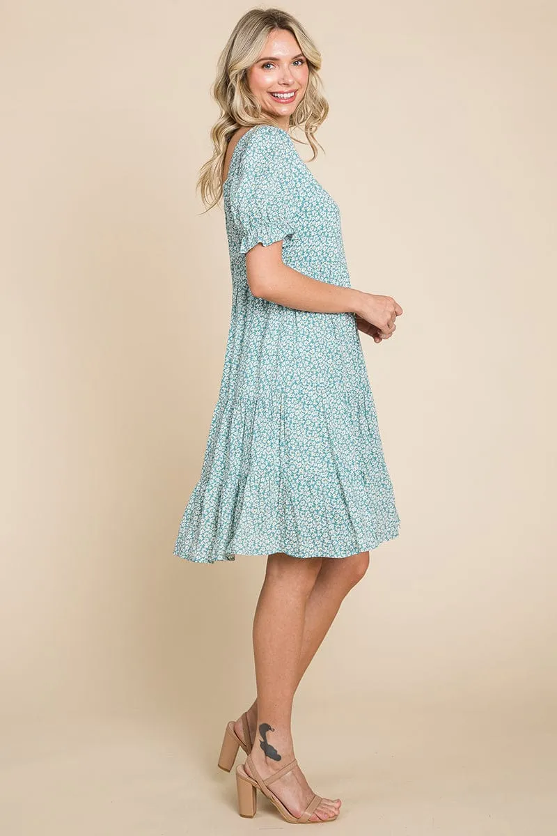 Floral Printed Square Neck Layered Dress