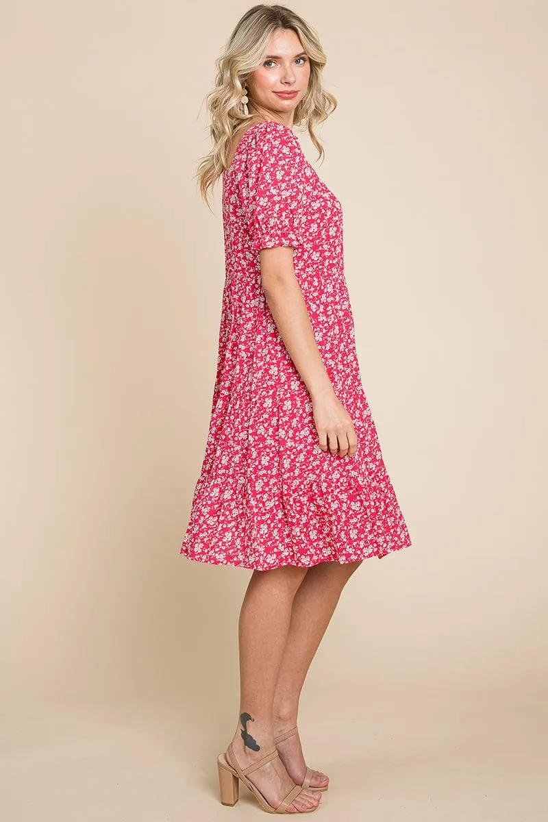 Floral Printed Square Neck Layered Dress