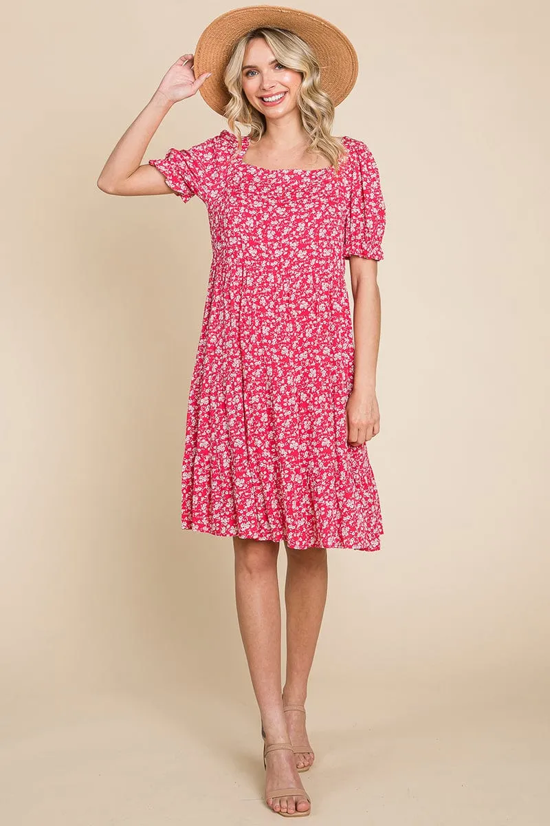 Floral Printed Square Neck Layered Dress