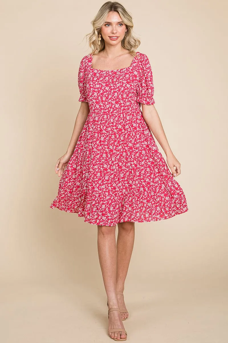 Floral Printed Square Neck Layered Dress