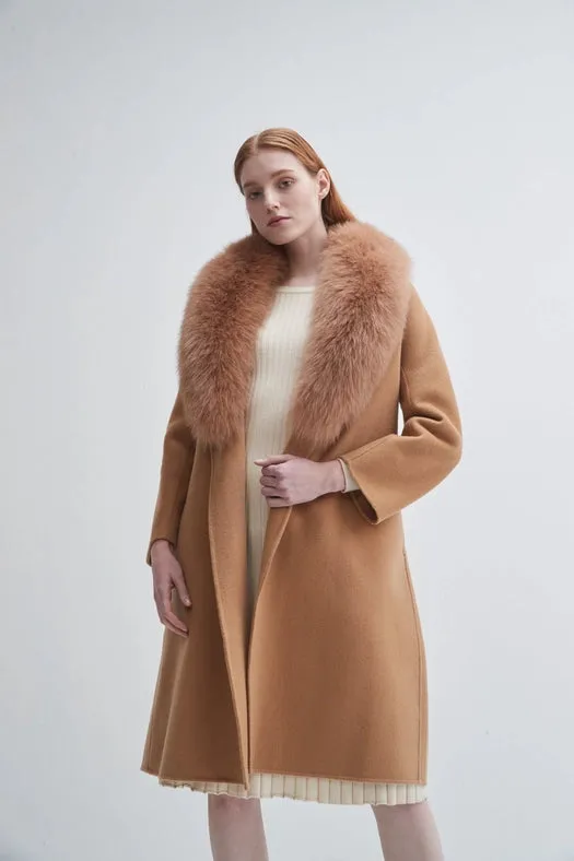 Fur Shawl Collar Cashmere Coat Camel