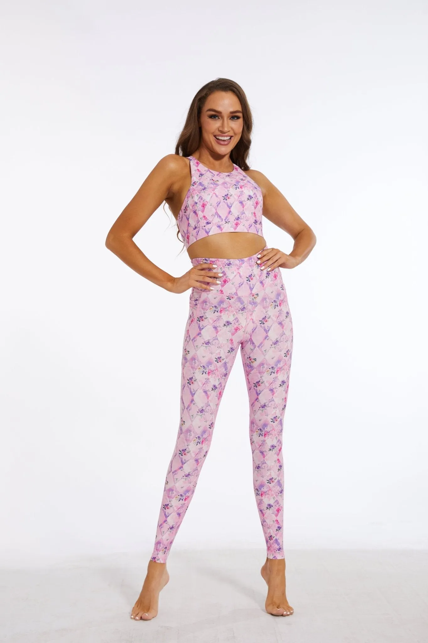 Gentle Pink Rose High-waisted Leggings with Pockets