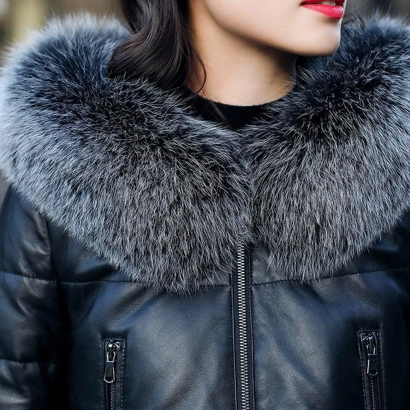 Genuine Leather Jacket Women Faux Fox Fur and Hooded