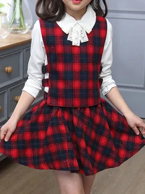 Gingham Study Hall Blouse, Vest And Skirt Set