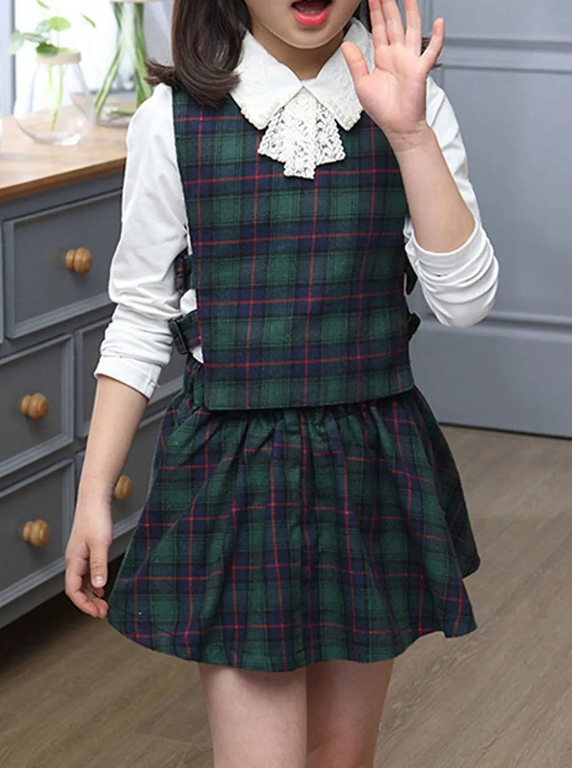 Gingham Study Hall Blouse, Vest And Skirt Set