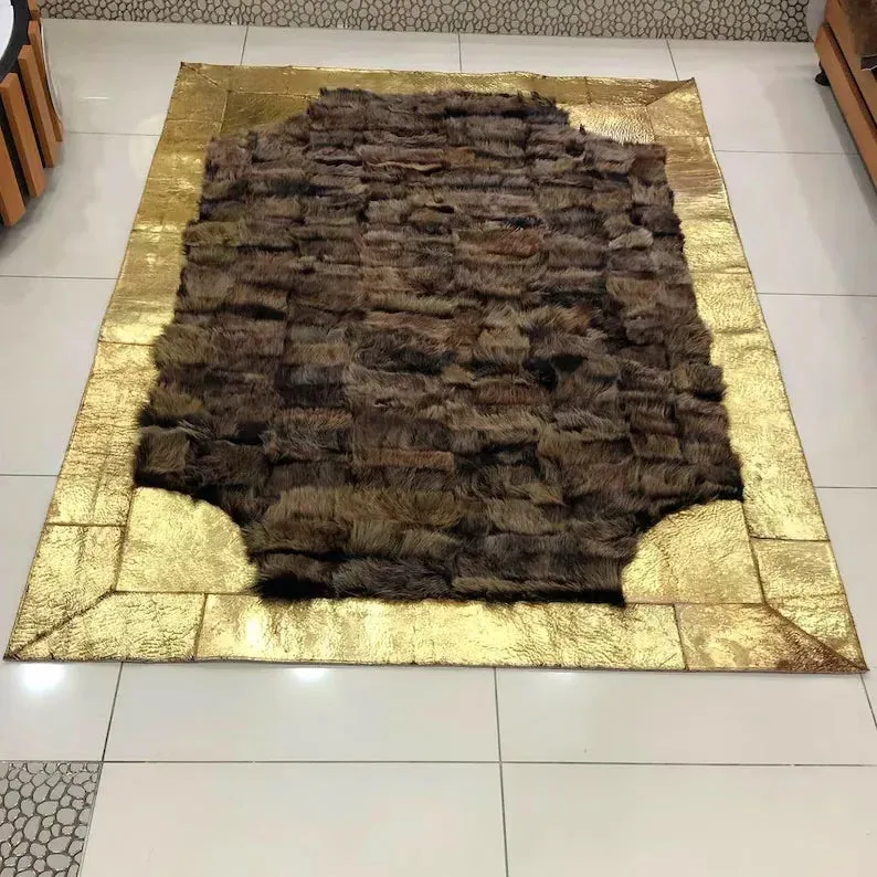 Gold and Brown Fluffy Sheepskin Area Rug, Natural Leather Handmade Sheepskin Rug