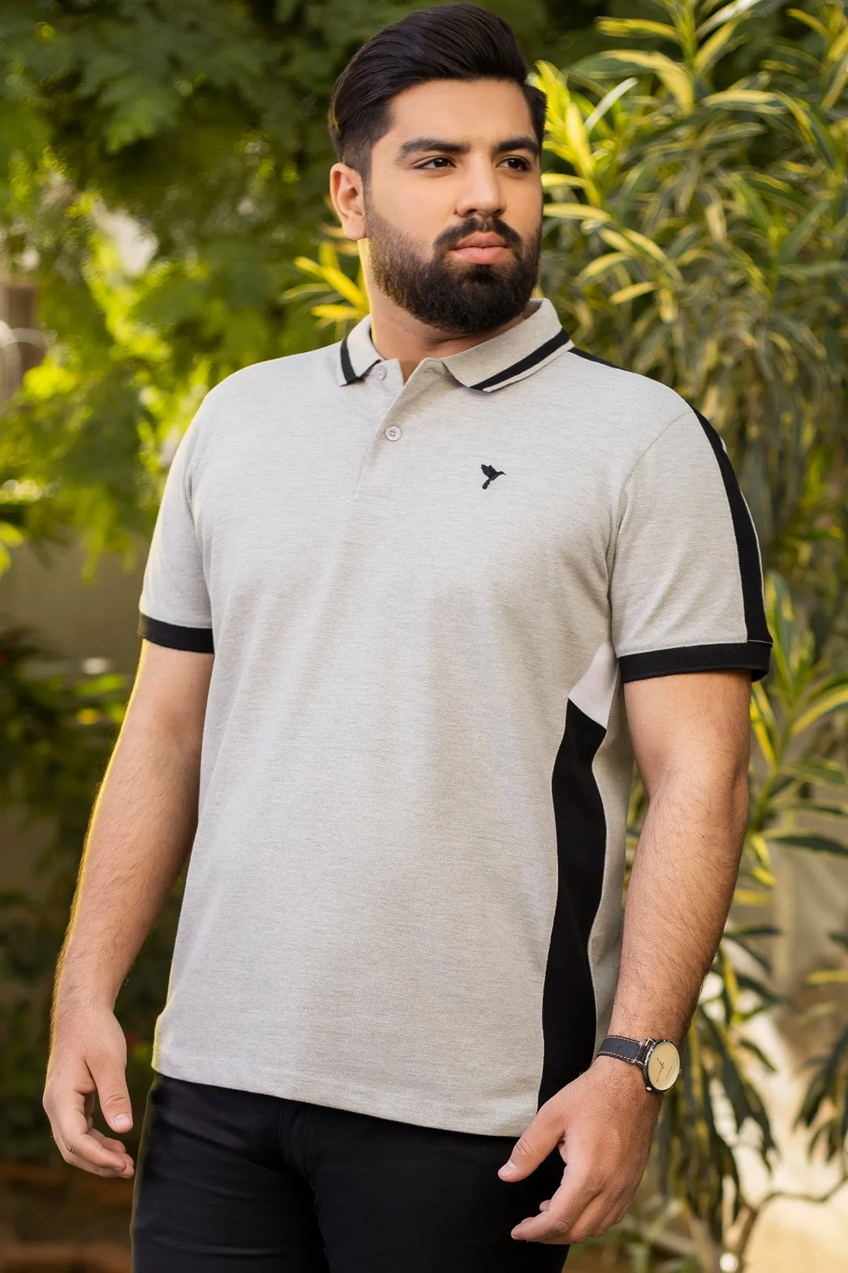 Grey Contrast Paneled Polo Shirt (Plus Size) - A24 - MP0249P