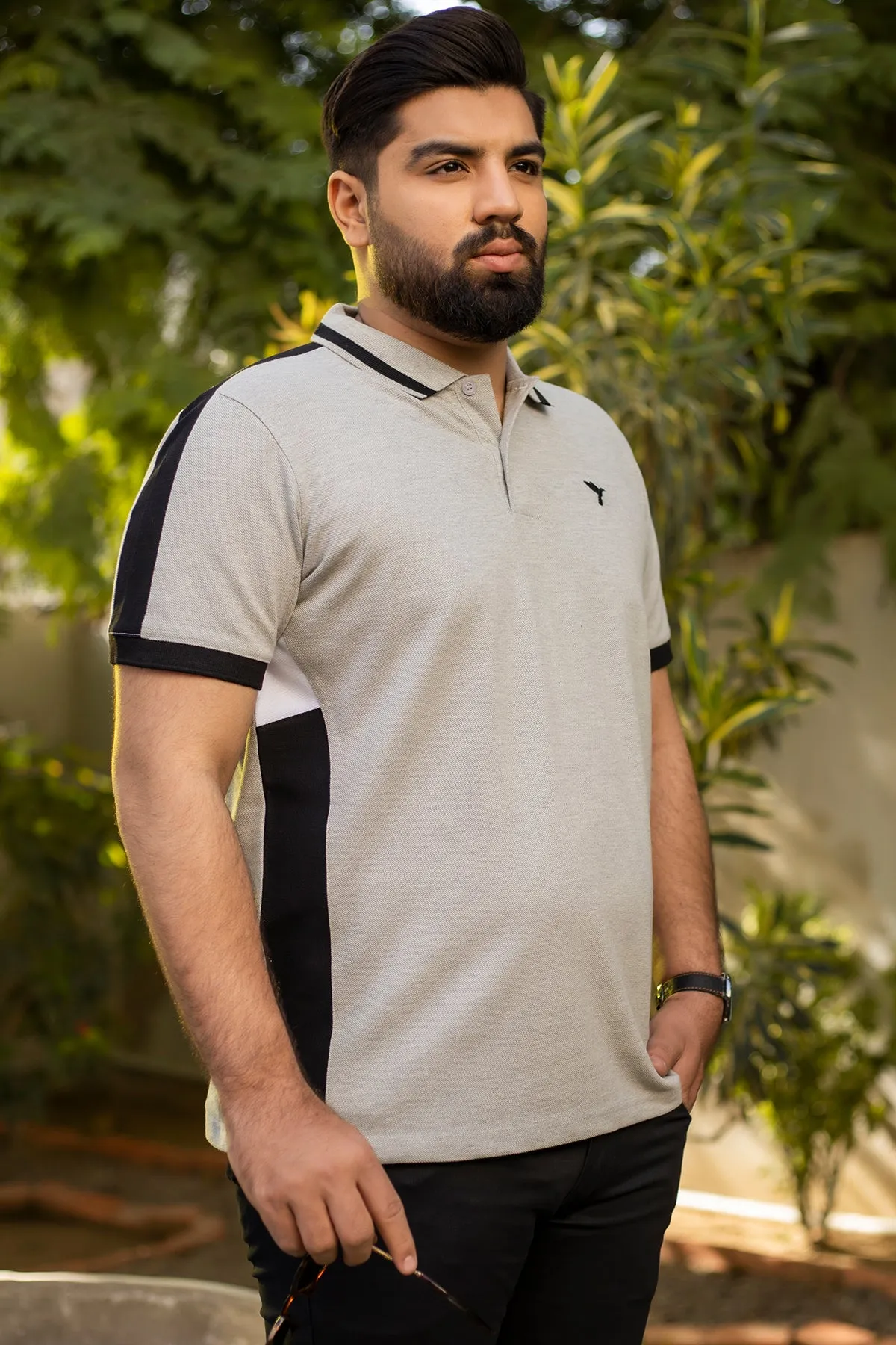 Grey Contrast Paneled Polo Shirt (Plus Size) - A24 - MP0249P