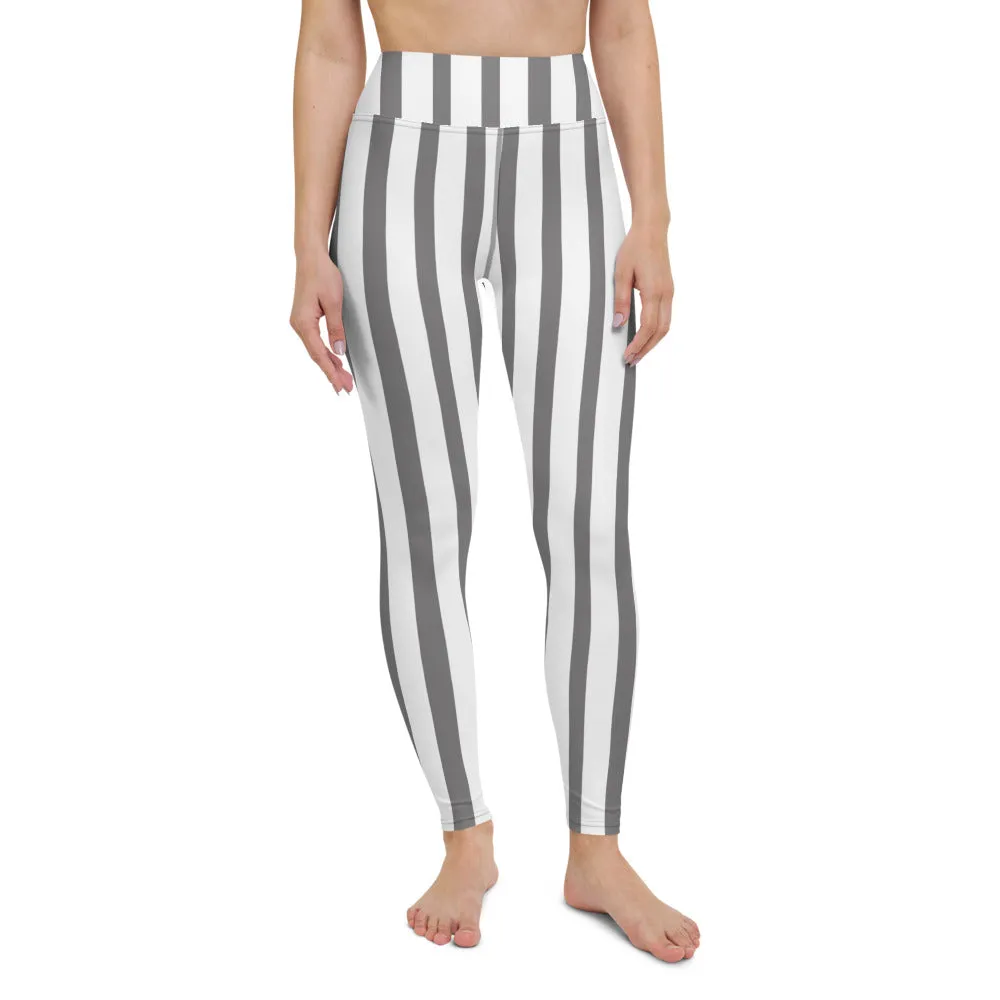 Grey White Striped Yoga Leggings, Vertical Stripes Women's Long Tights-Made in USA/EU/MX