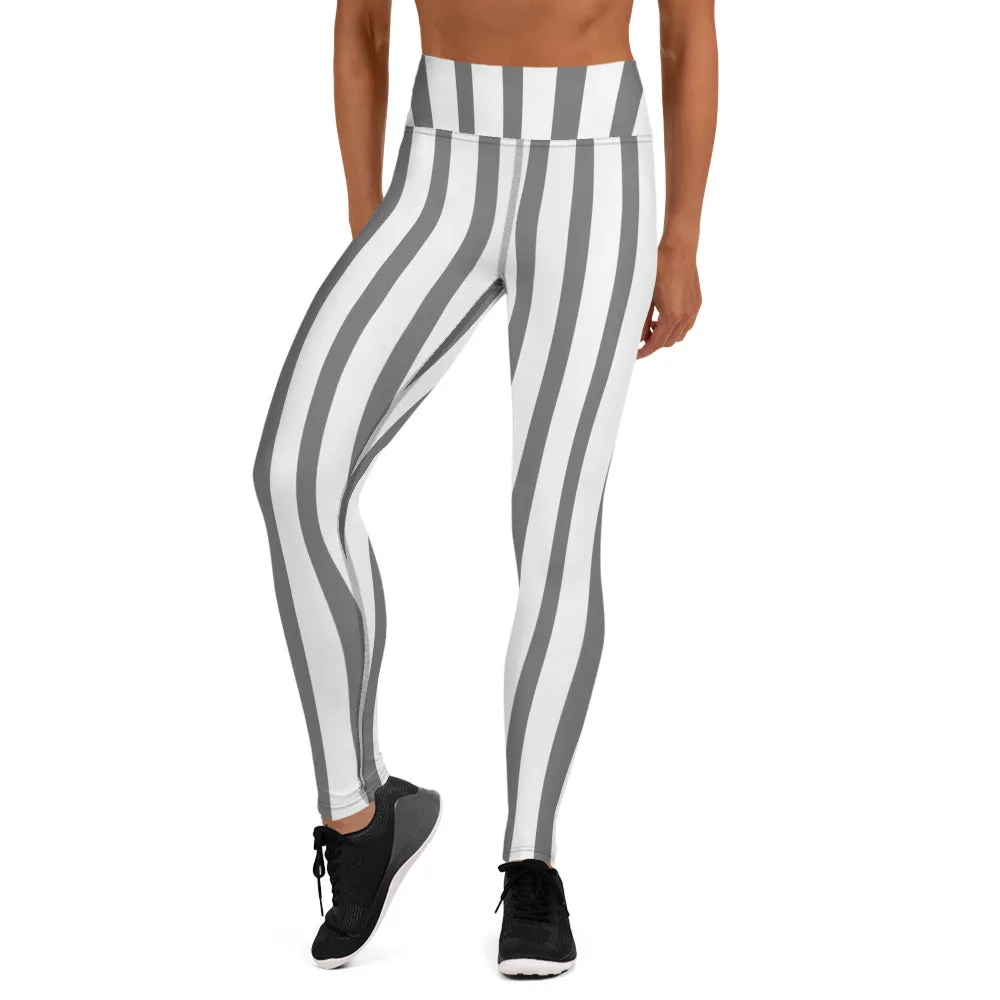 Grey White Striped Yoga Leggings, Vertical Stripes Women's Long Tights-Made in USA/EU/MX