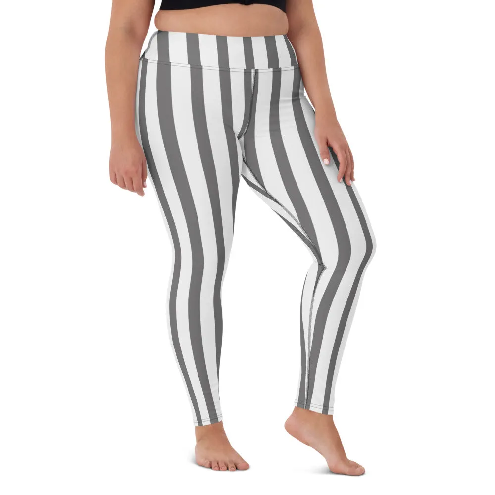 Grey White Striped Yoga Leggings, Vertical Stripes Women's Long Tights-Made in USA/EU/MX