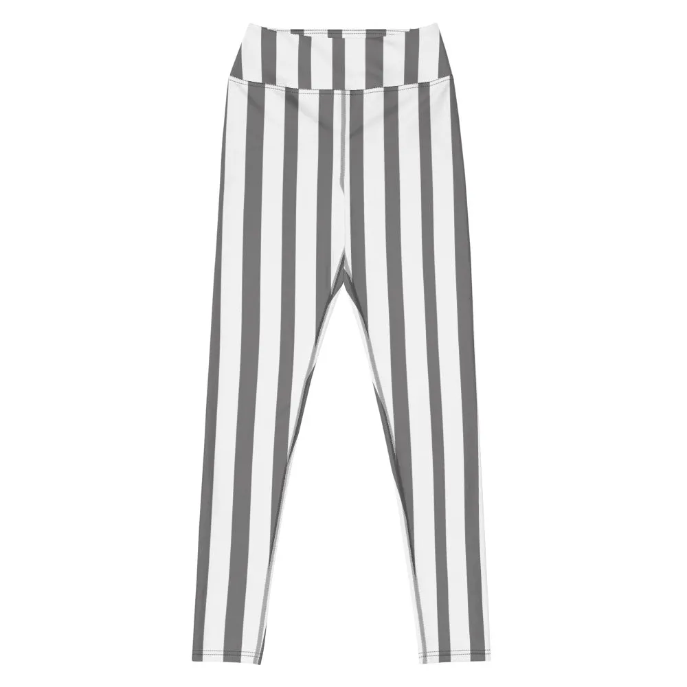 Grey White Striped Yoga Leggings, Vertical Stripes Women's Long Tights-Made in USA/EU/MX