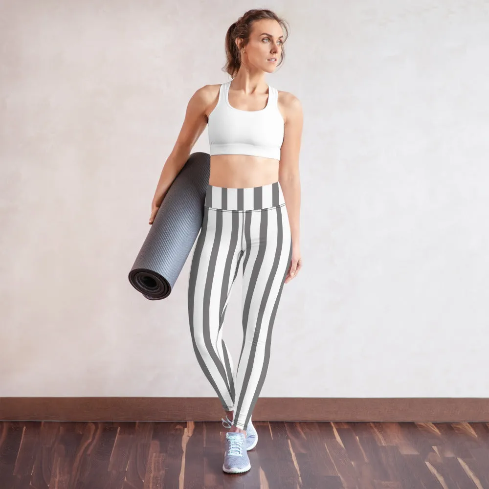 Grey White Striped Yoga Leggings, Vertical Stripes Women's Long Tights-Made in USA/EU/MX