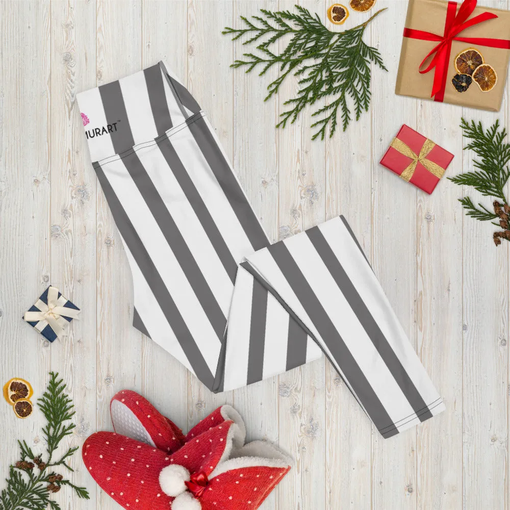 Grey White Striped Yoga Leggings, Vertical Stripes Women's Long Tights-Made in USA/EU/MX