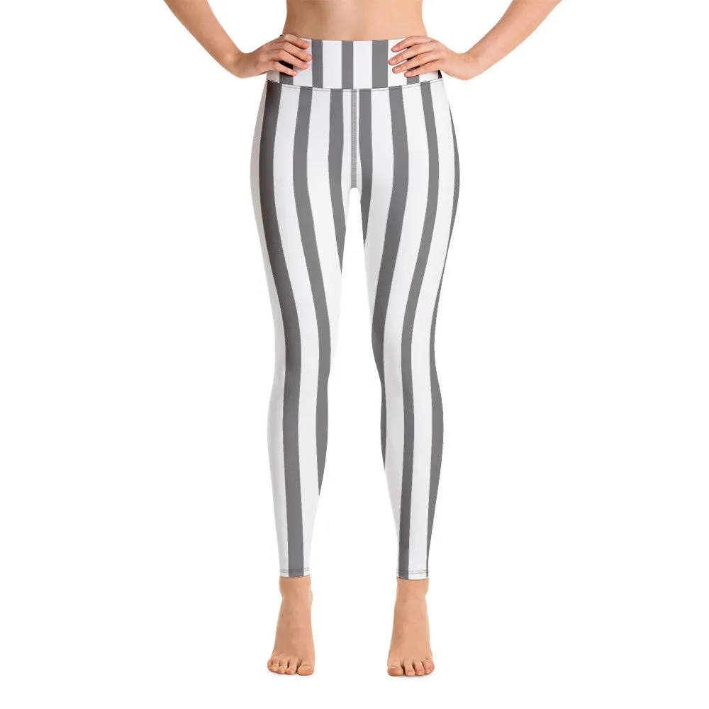 Grey White Striped Yoga Leggings, Vertical Stripes Women's Long Tights-Made in USA/EU/MX