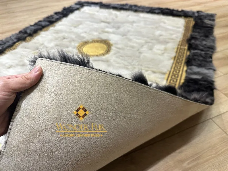 Handmade Custom Gray Natural Sheepskin Rug with Gold-Edged Creamy Rug