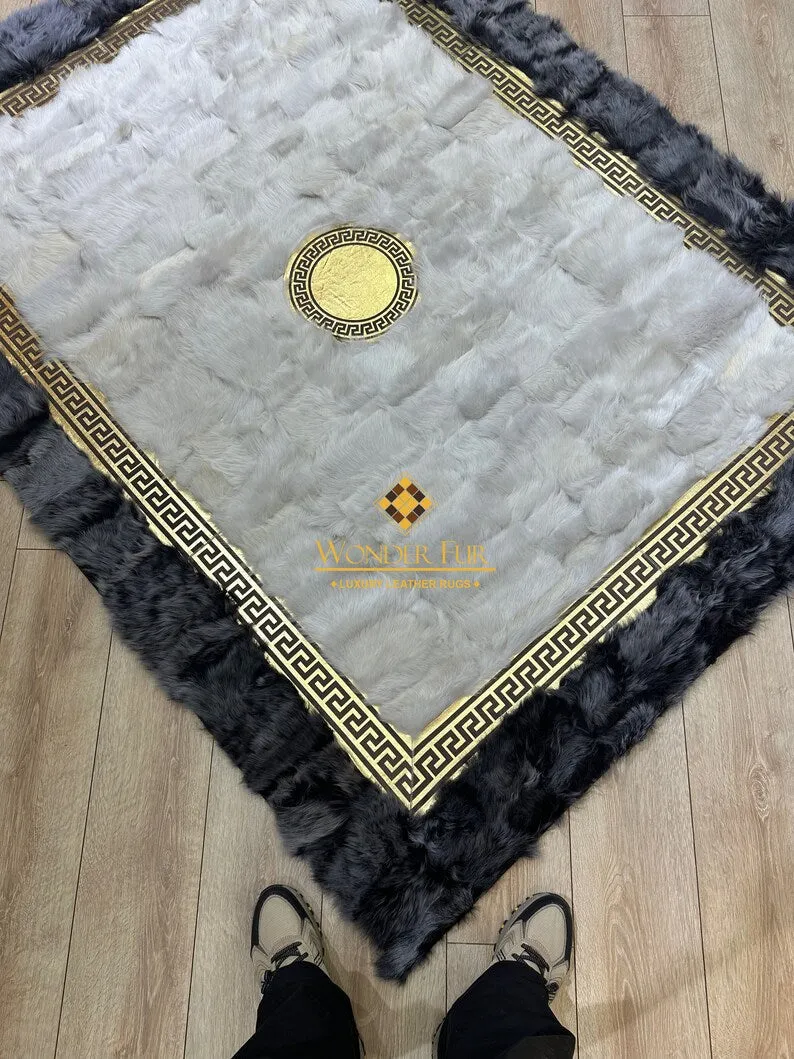 Handmade Custom Gray Natural Sheepskin Rug with Gold-Edged Creamy Rug