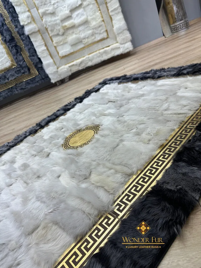 Handmade Custom Gray Natural Sheepskin Rug with Gold-Edged Creamy Rug