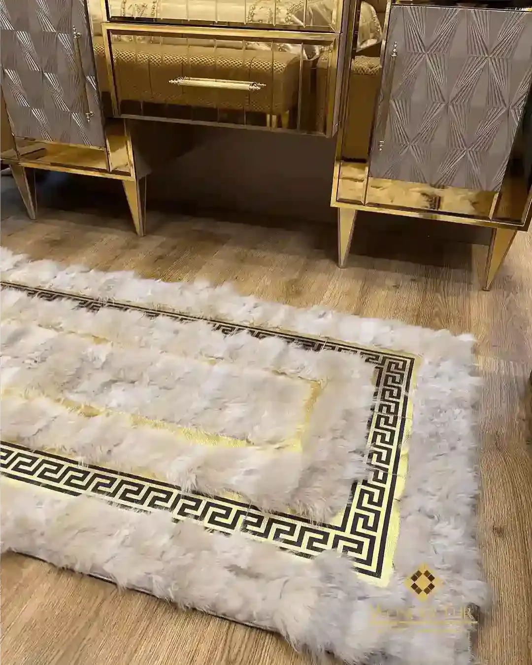 Handmade Runner Real Sheepskin White Gold Interior Decor Bedroom Rug