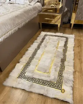 Handmade Runner Real Sheepskin White Gold Interior Decor Bedroom Rug