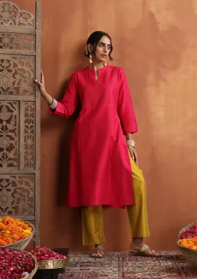 HOC Crafts Silk Blended Zari Pintucks Solid Women's Long Kurta - Pink