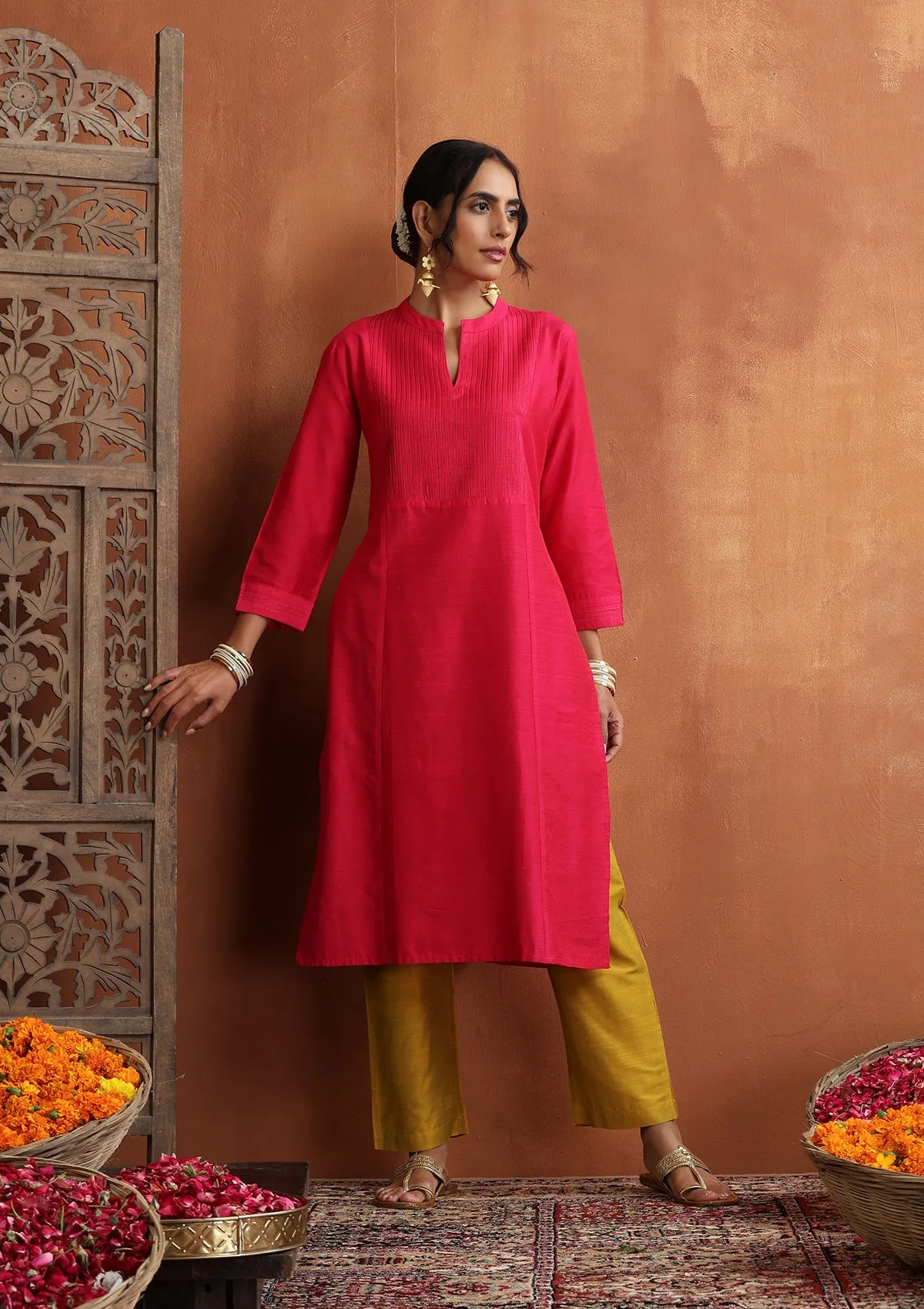 HOC Crafts Silk Blended Zari Pintucks Solid Women's Long Kurta - Pink