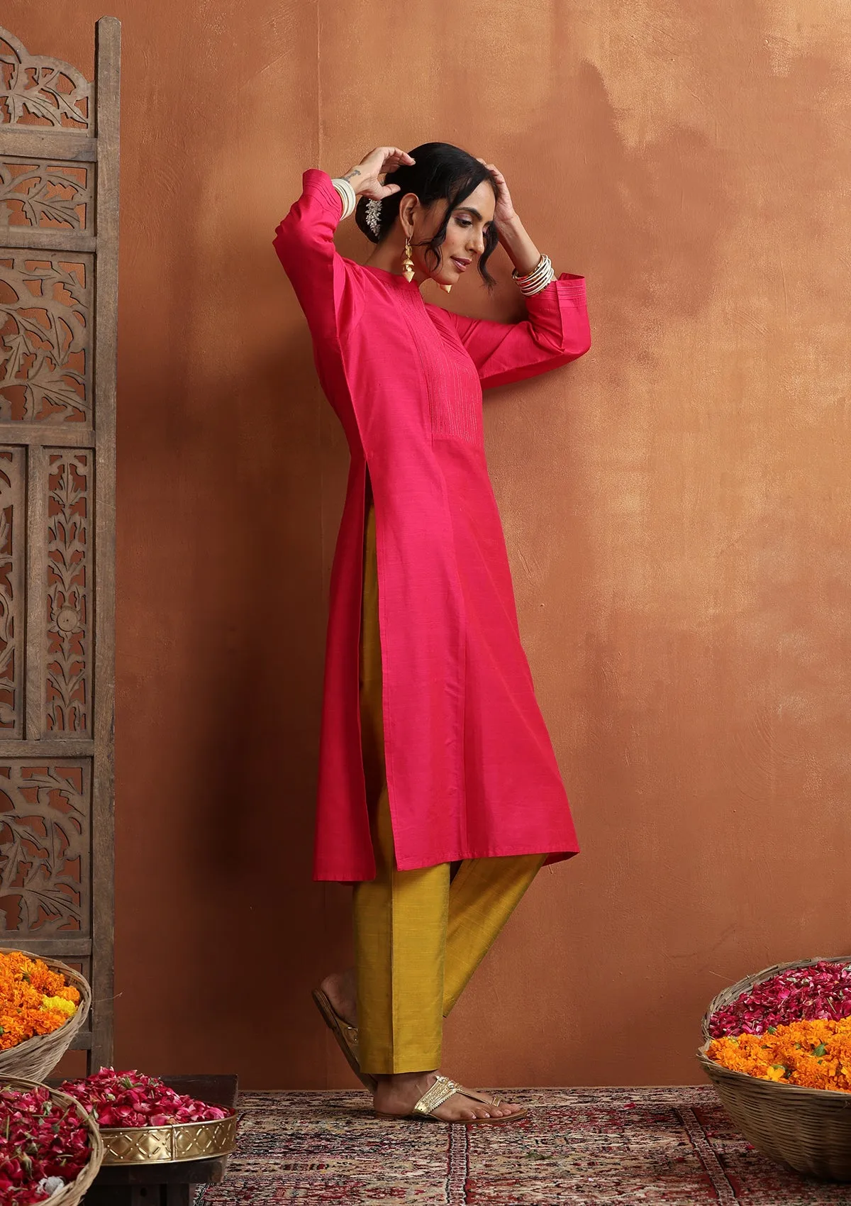 HOC Crafts Silk Blended Zari Pintucks Solid Women's Long Kurta - Pink