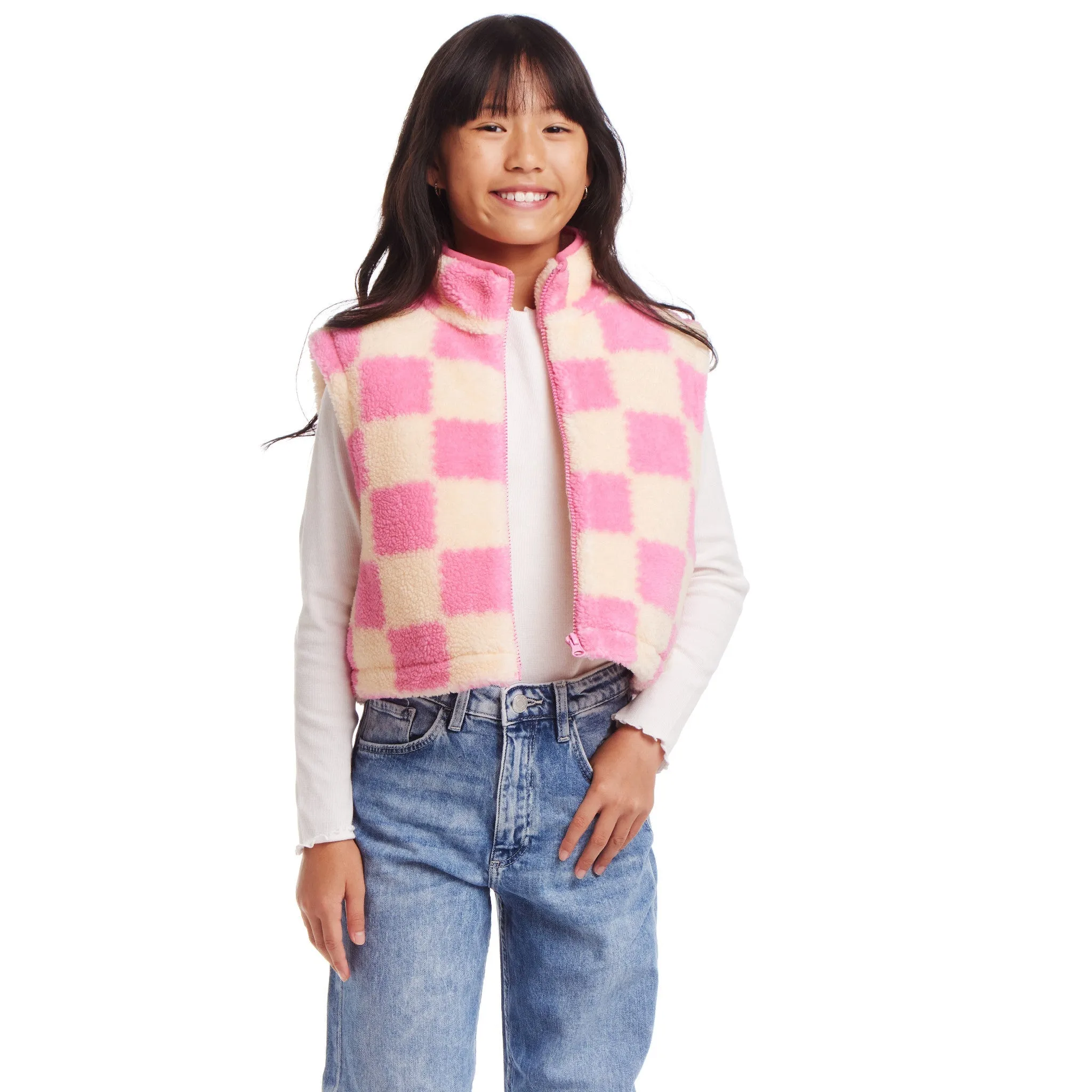 Kids Cropped Fleece Vest (Size 7-16) | Pink & Cream Checkered