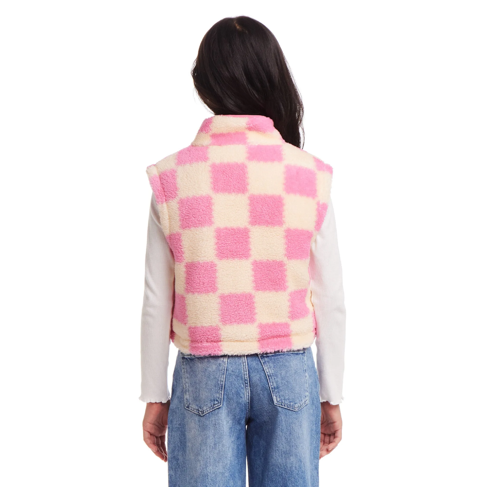 Kids Cropped Fleece Vest (Size 7-16) | Pink & Cream Checkered