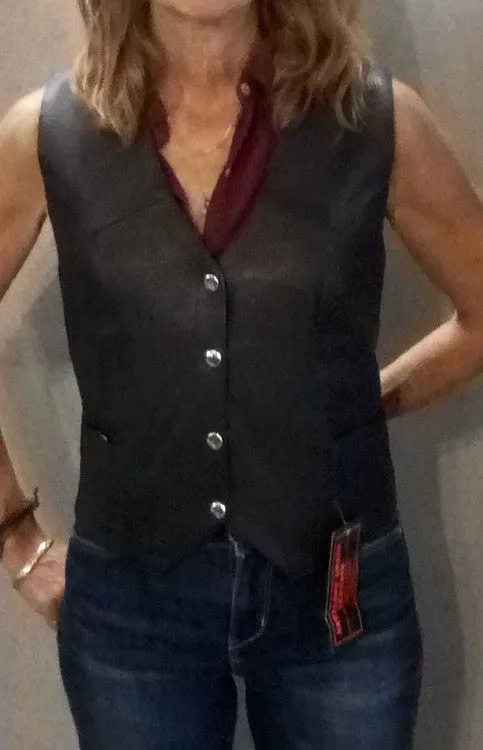 Ladies black leather vest with Texas Flag on back TS8PS