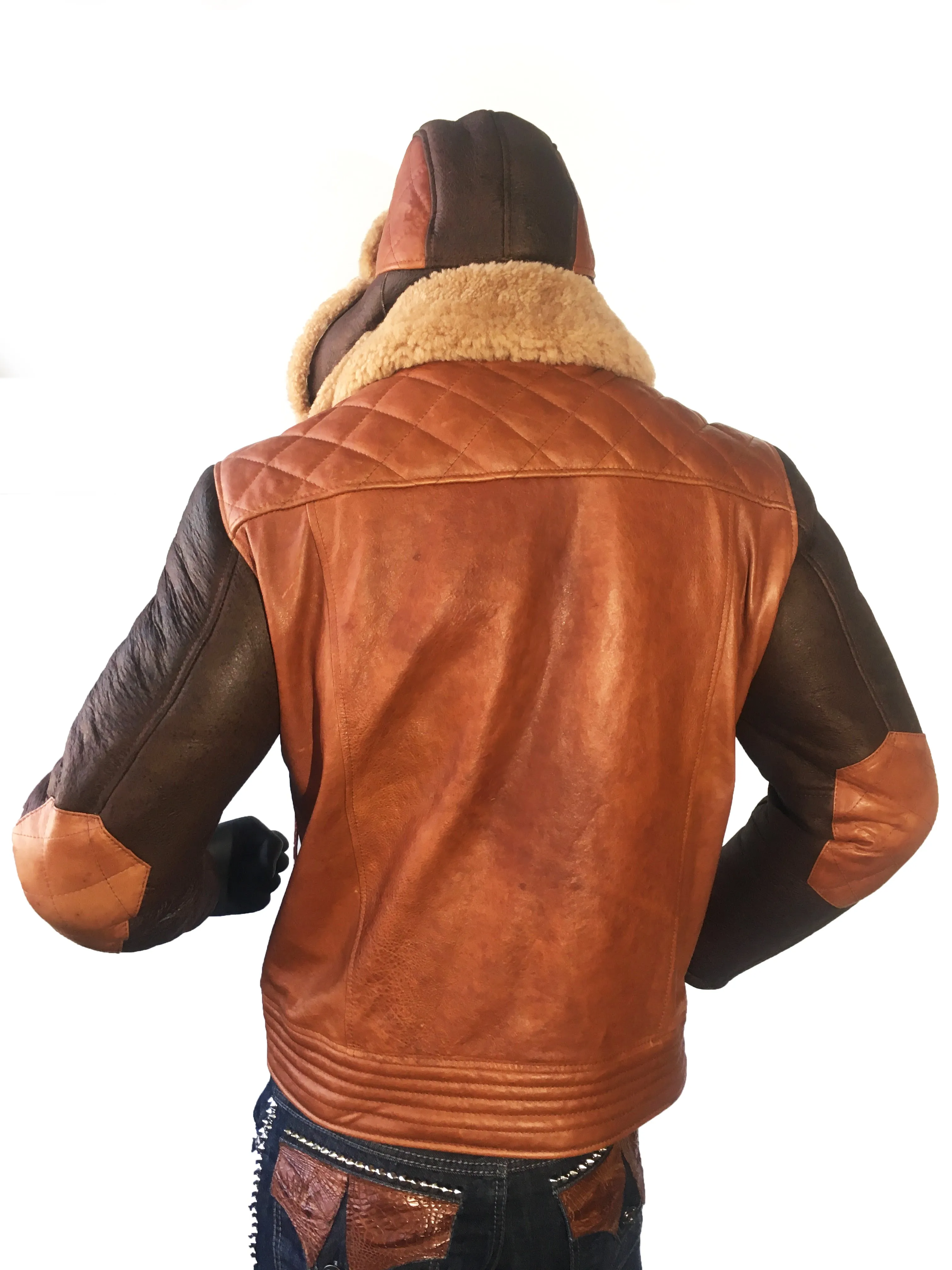 Leather Jacket with Sheepskin Sleeves and Quilted Details #1800