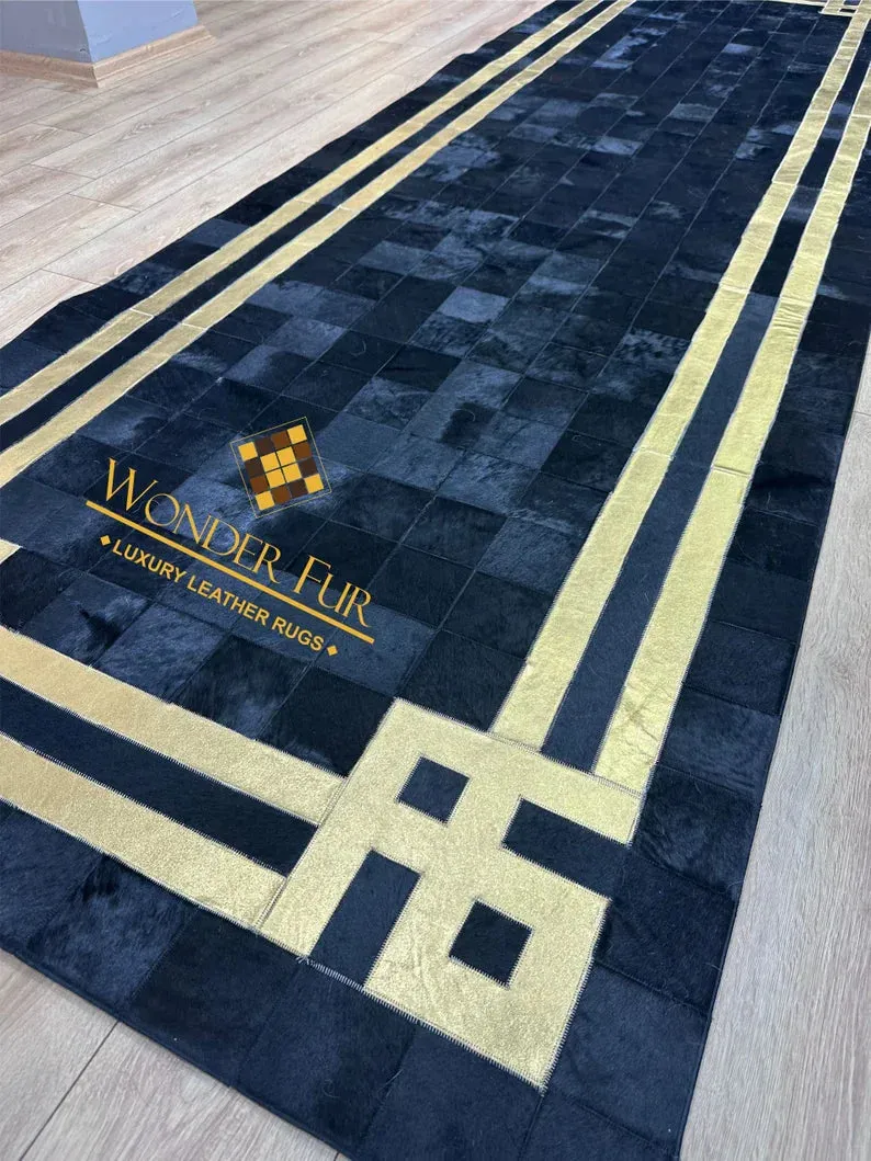 Luxury Black Gold Elegant Design 100% Genuine Handmade Runner Rug for Hallway