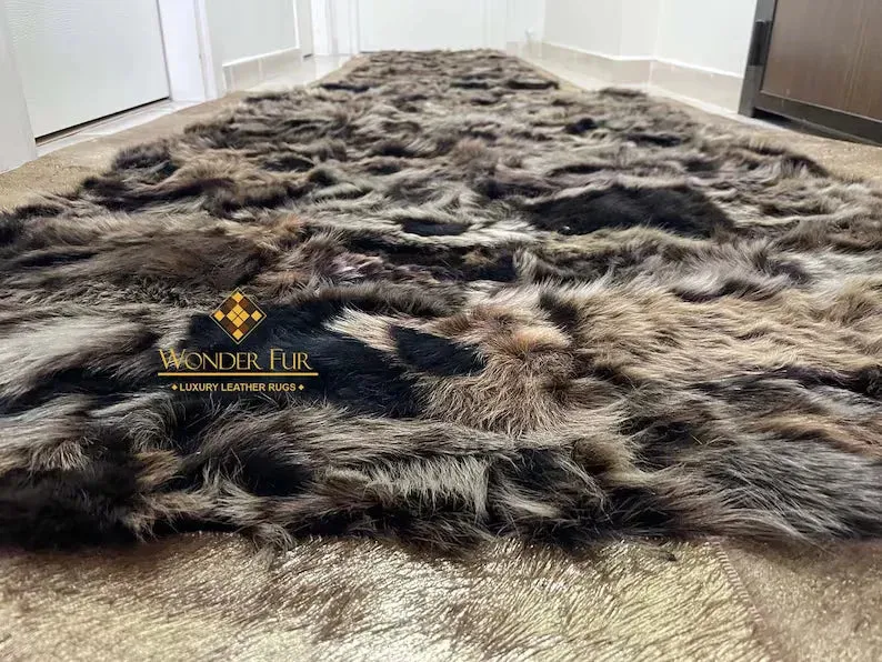 Luxury Gold Border Natural Sheepskin Area Rug, Handmade Hallway Rug