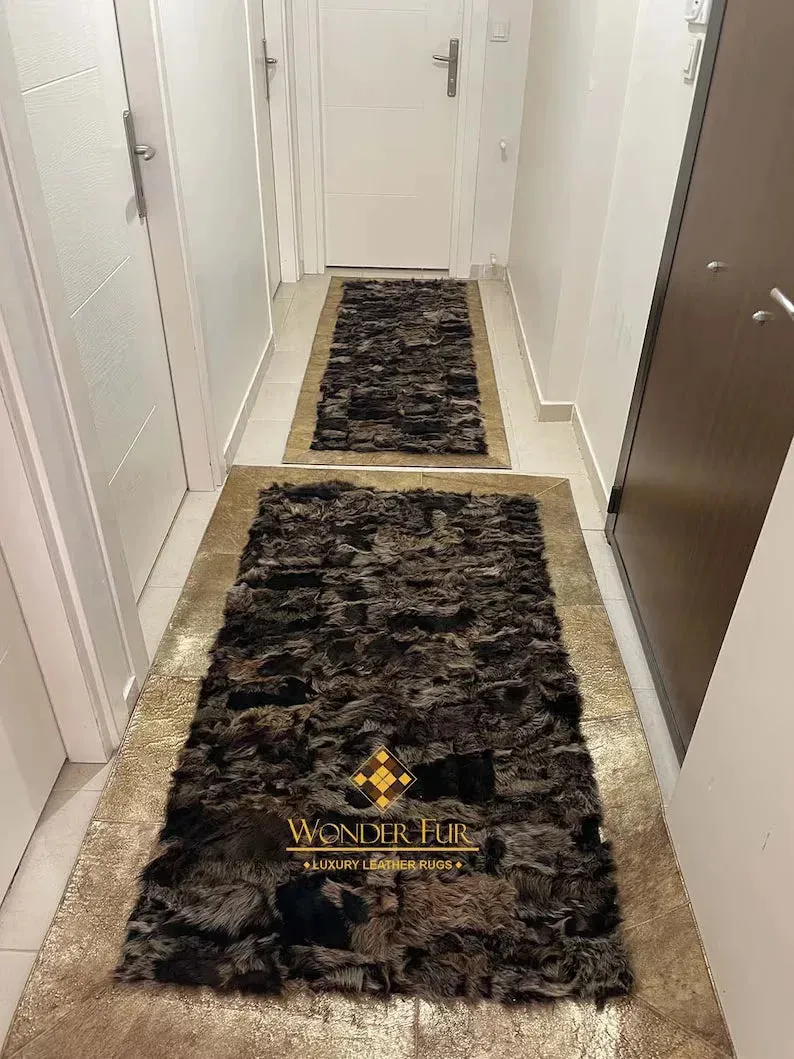 Luxury Gold Border Natural Sheepskin Area Rug, Handmade Hallway Rug