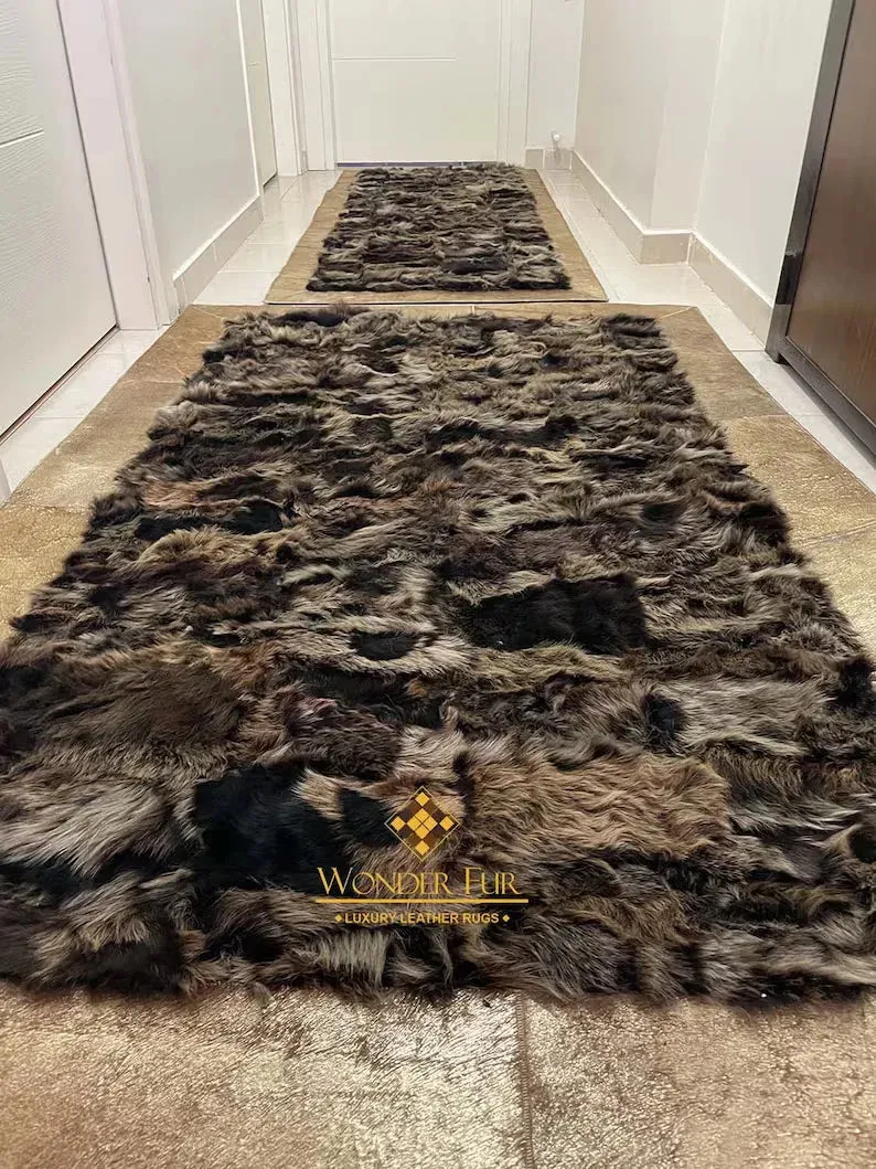 Luxury Gold Border Natural Sheepskin Area Rug, Handmade Hallway Rug