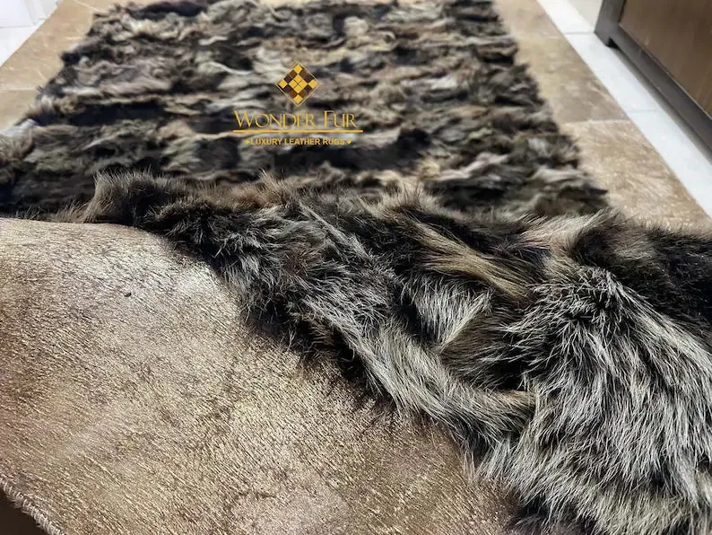 Luxury Gold Border Natural Sheepskin Area Rug, Handmade Hallway Rug